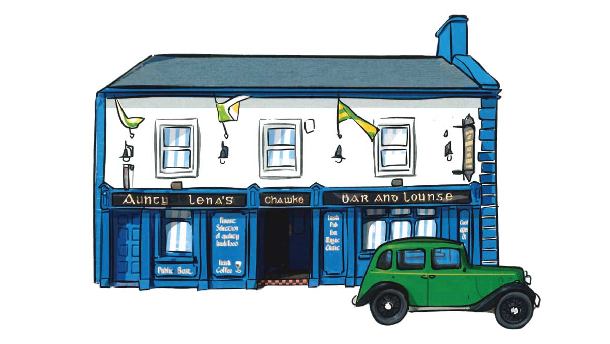 Illustrated picture of Aunty Lenas, Adare with a car in the foreground